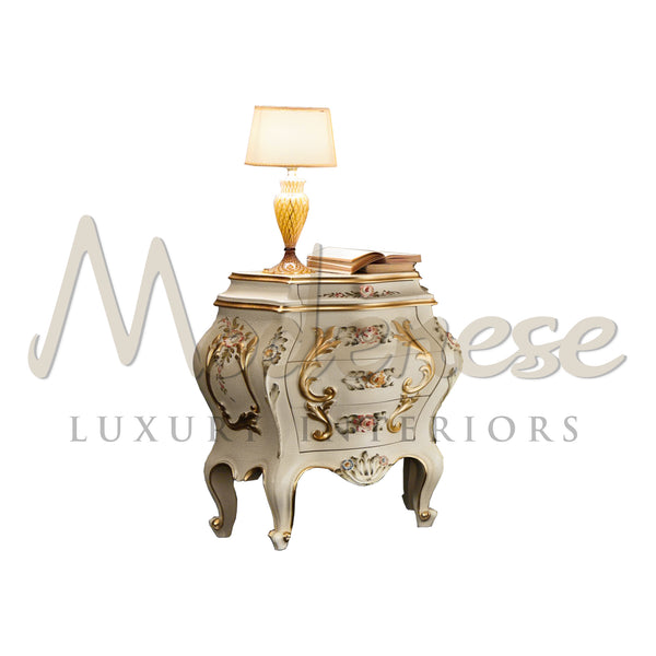4-Drawers Bedside Table - Night Table - Modenese Luxury Furniture & Lightings - astonishing furniture, baroque furniture, blumotion, carving, carving details, carving technique, carvings carving furniture, classic baroque bedroom, classic luxury interiors, classic style armchair, elegant bedroom design, elegant furniture, elegant style, flower details, french furniture, french palace furniture, gold leaf details, gold leaf refinements, hand paint, hand paint furniture, hand painted flowers, high quality fur