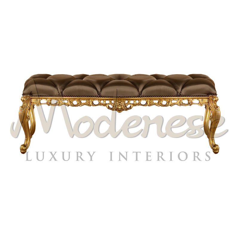 Gold Leaf Bed Bench - Bed Bench - Modenese Luxury Furniture & Lightings - asnaghi luxury pouffe collection, baroque style, bella vita furniture, bespoke bench, bespoke items, bespoke pouffe, best italian quality pouffes, best quality bench, best quality furniture, best satin quality, best satinquality, carved pouffes structure, classic luxury pouffe, classic upholstered pouffes, classical pouffe, comfort classic pouffe, custom-made bench, custom-made royal bench, custom-made royal furniture, custom-made sup