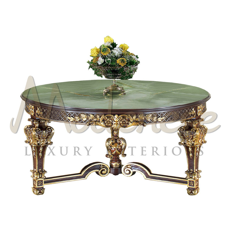 Round Center Table With Green Onyx Top And Walnut Finish - Table - Modenese Luxury Furniture & Lightings - classic baroque furniture, classic french furniture, emperor furniture, empire style furniture, high-end center table, high-end italian furniture, italian made furniture, louis xv furniture, luxury center table, luxury decoration, luxury furniture brand, luxury Italian furniture, luxury living room sets, luxury table Italy, luxury villa decoration, luxury villa interior classic, luxury villa interior d