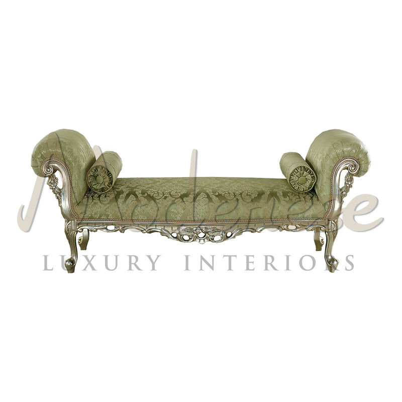 Luxury Silver Leaf Bed Bench - Bed Bench - Modenese Luxury Furniture & Lightings - asnaghi luxury pouffe collection, baroque style, bella vita furniture, bespoke bench, bespoke furniture, bespoke items, bespoke pouffe, best italian quality pouffes, best quality bench, best quality furniture, carved pouffes structure, classic luxury pouffe, classic upholstered pouffes, classical pouffe, comfort classic pouffe, custom-made bench, custom-made royal bench, custom-made royal furniture, custom-made supreme bench,