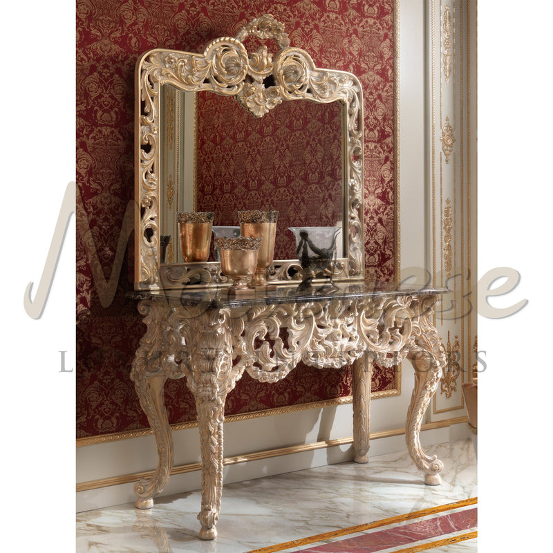 Baroque Rectangular Console With Emperador Dark Marble Top - Console Table - Modenese Luxury Furniture & Lightings - classic baroque console table, classic baroque furniture, classic french furniture, classic hand carved table, classic louis style console table, classis baroque console table, french palace furniture, gilded console table, high-end console table, imperial style console table, italian made furniture, louis xv furniture, luxury classic furniture, luxury french furniture, luxury furniture brand