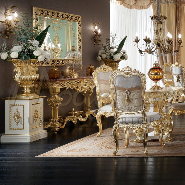 Gold Leaf Baroque Console With Carvings And Rosso Francia Marble Top - Console Table - Modenese Luxury Furniture & Lightings - classic baroque furniture, classic french furniture, french palace furniture, gilded console table, hand carved table, high-end console table, high-end italian furniture, imperial console table, italian made furniture, louis xv furniture, luxury classic furniture, luxury console table, luxury decoration, luxury furniture brand, luxury Italian furniture, luxury living room sets, luxu