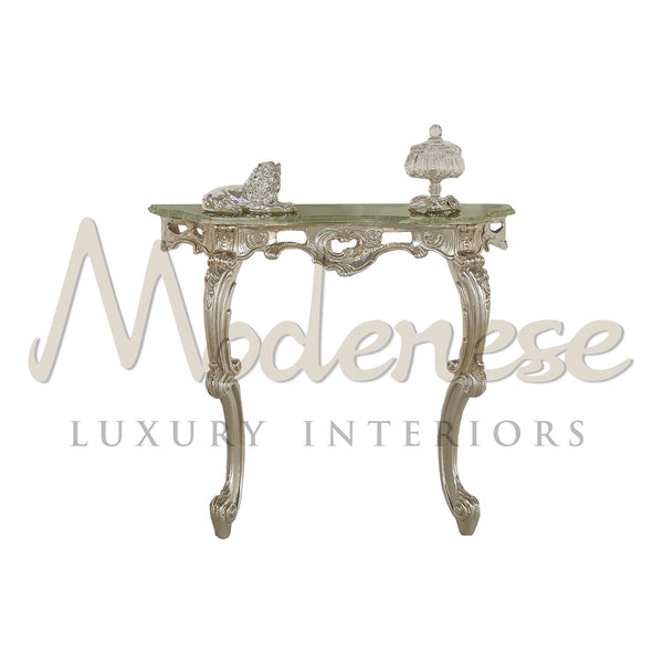 Silver-Leaf Console Table - Console Table - Modenese Luxury Furniture & Lightings - classic baroque console table, classic baroque furniture, classic french furniture, classic hand carved table, classic villa interior, french palace furniture, gilded console table, high-end console table, imperial console table, italian made furniture, louis xv furniture, luxury classic furniture, luxury french furniture, luxury furniture brand, luxury living room sets, luxury marble top table, luxury palace furniture, luxu