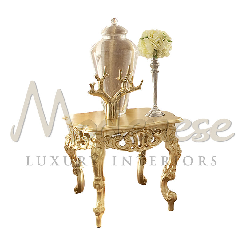 Square Figured Side Table In Complete Gold Leaf Finishing - Table - Modenese Luxury Furniture & Lightings - classic baroque furniture, classic french furniture, emperor furniture, golden baroque table, high-end italian furniture, high-end livingroom table, imperial furniture table, italian made furniture, louis xv furniture, luxury classic furniture, luxury decoration, luxury furniture brand, luxury Italian furniture, luxury living room sets, luxury side table, luxury table Italy, luxury villa decoration, l