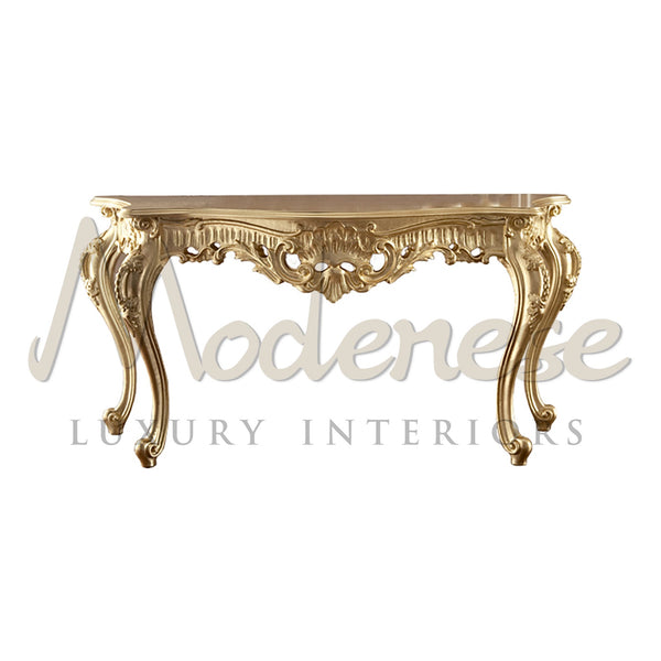 Precious Total Gold Leaf Decorated Console - Console Table - Modenese Luxury Furniture & Lightings - classic baroque console table, classic baroque furniture, classic french furniture, french palace furniture, gilded console table, hand carved table, handcrafted decoration, high-end console table, imperial console table, italian made furniture, louis xv furniture, luxury classic furniture, luxury french furniture, luxury furniture brand, luxury living room sets, luxury marble top table, luxury palace decora