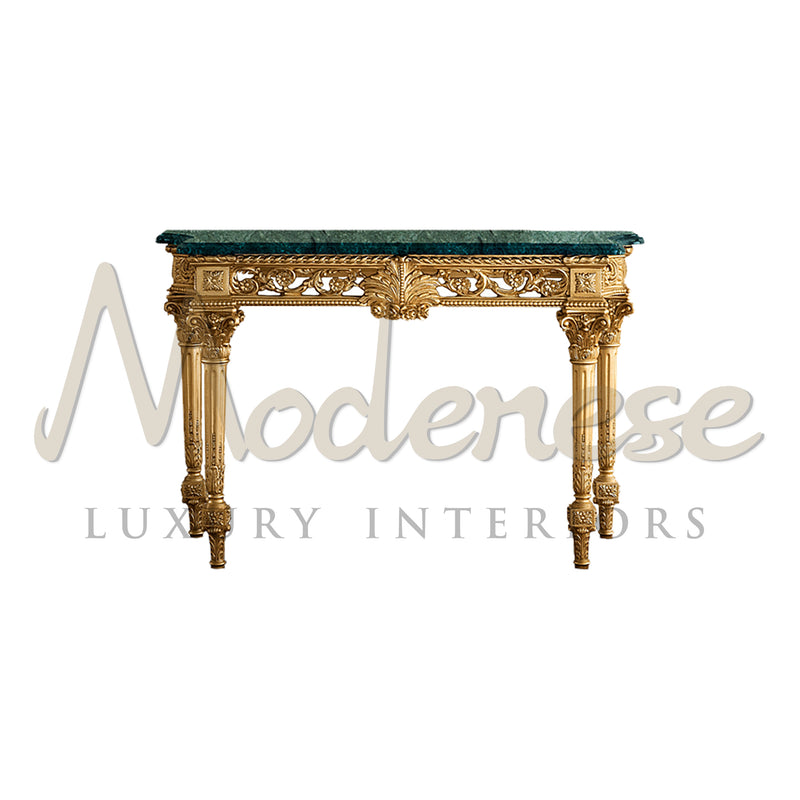 Verde Guatemala Marble Top Empire Console - Console Table - Modenese Luxury Furniture & Lightings - classic baroque console table, classic baroque furniture, classic french furniture, classic louis style console table, classic luxe furniture, french palace furniture, gilded console table, hand carved table, high-end console table, imperial console table, louis xv furniture, luxury classic furniture, luxury french furniture, luxury furniture brand, luxury living room sets, luxury marble top table, luxury pal