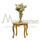 Slim Gold Leaf Side Table With Giada White Marble Top - Table - Modenese Luxury Furniture & Lightings - classic baroque furniture, classic french furniture, french palace decor, hand carved table, high-end italian furniture, high-end side table, italian made furniture, louis xv furniture, luxury classic furniture, luxury decoration, luxury furniture brand, luxury Italian furniture, luxury living room sets, luxury side table, luxury table Italy, luxury villa interior classic, luxury villa interior design, mo