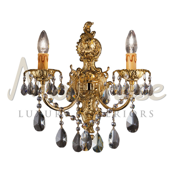 2 Lights Wall Lamp - Wall Lamp - Modenese Luxury Furniture & Lightings - 100% italian lamp, 24kt gold, 24kt gold cover, 24kt gold elegant lamp, 24kt gold finish, 24kt gold furniture, 24kt gold luxury furniture, 24kt gold luxury lamp, 24kt gold plated, 24kt gold plated finish, 24kt impressive gold, 24kt majestic gold, accurate craftsmanship, antique classic lamps, artisanal lamp, augustian wall lamp, baroque, baroque design, baroque furniture, baroque home, baroque interior design, baroque interiors, baroque