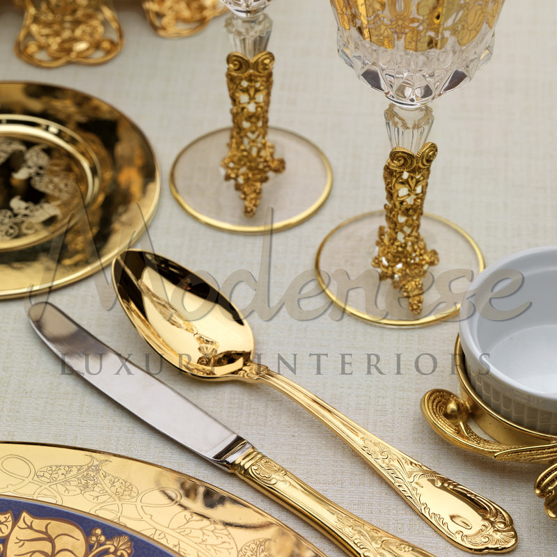 Set 12 People - 36 Pieces,
For Each Person:
1 - Water Glass
1 - Wine Glass
1- Flute - Tableware - Modenese Luxury Furniture & Lightings - antique flatware, baroque glassware, best glassware, bronze luxury set, champagne glass, classic baroque luxury decor for table, classic design glassware, classic italian tableware, classic luxury cutlery, classic luxury glassware, classic luxury kitchen decor, classic spirit glass, crystal goblet, crystallinity, exclusive champagne flute, exclusive design glassware, excl