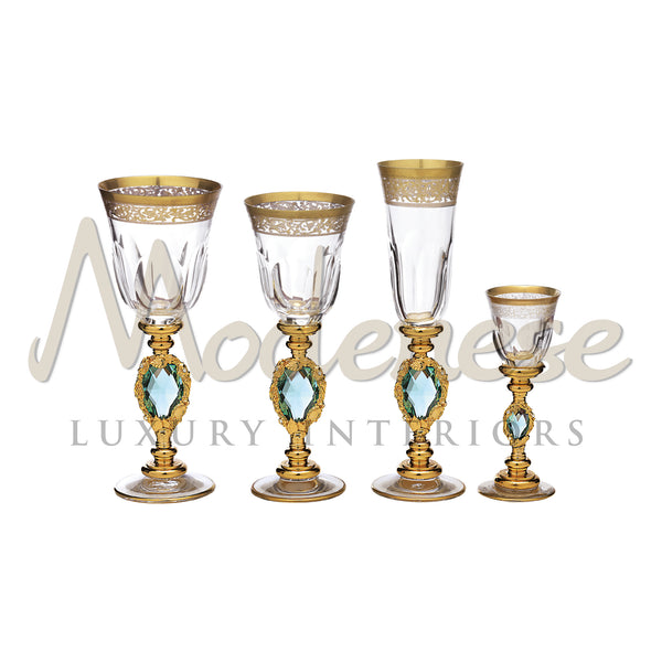 Set 36 People - 144 Pieces,
For Each Person:
1 - Water Glass
1- Wine Glass 
1 - Flute
1- Spirit Glass - Tableware - Modenese Luxury Furniture & Lightings - antique flatware, baroque glassware, best glassware, bronze luxury set, champagne glass, classic baroque luxury decor for table, classic design glassware, classic italian tableware, classic luxury cutlery, classic luxury glassware, classic luxury kitchen decor, classic spirit glass, crystal goblet, crystallinity, exclusive champagne flute, exclusive desi