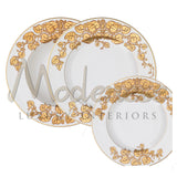 Set 24 People - 72 Pieces 
For Each Person:
1- Porcelain Dessert Plate
1- Porcelain Dinner Plate
1-Porcelain Soup Bowl - Tableware - Modenese Luxury Furniture & Lightings - baroque dessert plate, baroque tableware, classic dinner plate, decor for classic table, empire style decor for table, fashion tableware, home decor, luxe tableware, luxury soup bowl, luxury villa decor for table, ornamental home decor, ornamental tableware, porcelain dinner plate, porcelain soup bowl, royal porcelain, royal tableware - 