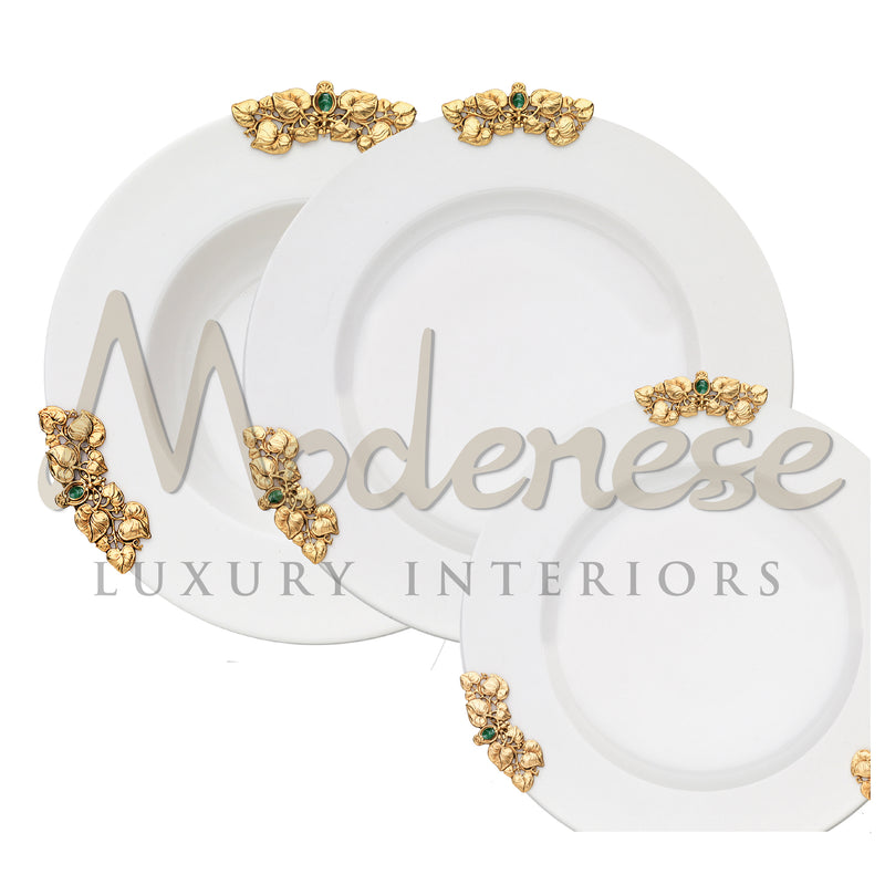Set 12 People - 36 Pieces 
For Each Person:
1- Porcelain Dessert Plate
1- Porcelain Dinner Plate
1- Porcelain Soup Bowl - Tableware - Modenese Luxury Furniture & Lightings - baroque style tableware, classic baroque luxury decor for table, classic luxury kitchen decor, classic porcelain plate, exclusive table decor, impressive tableware, italian dishes, italian exclusive tableware, kitchen decor, lavish tableware, luxury dining set, luxury home decor, luxury kitchen set, luxury porcelain, luxury tableware, l