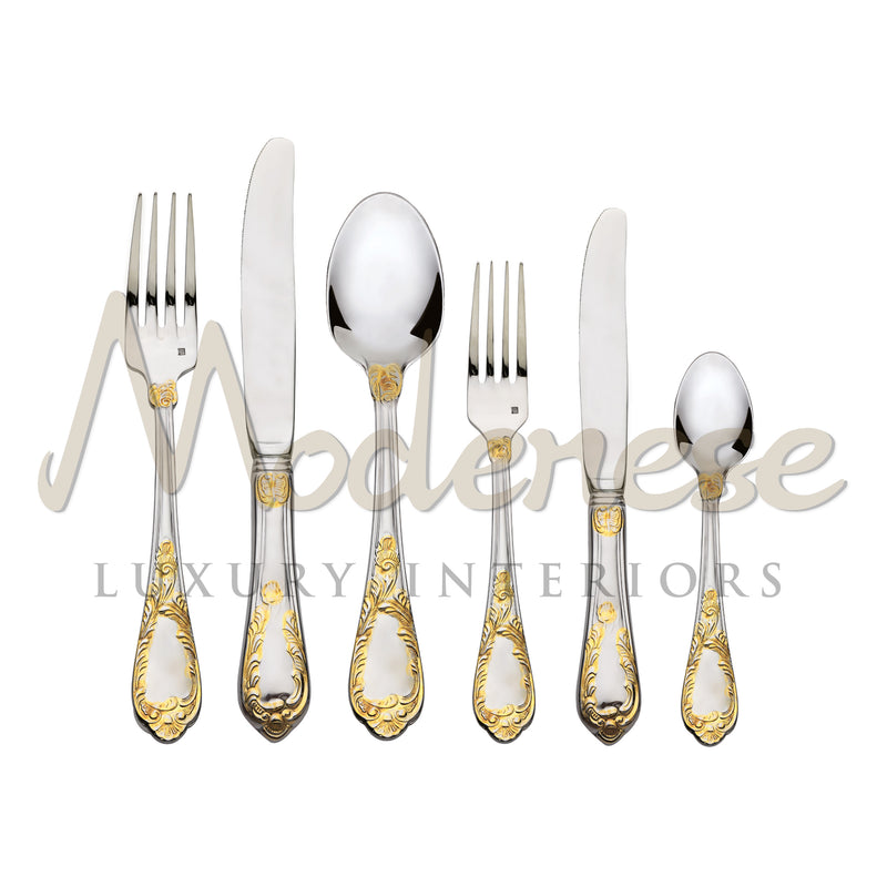 Set 12 People - 75 Pieces 
(6 Flatwares For 12 People 
+ Combined Serving Set) - Tableware - Modenese Luxury Furniture & Lightings - antique flatware, baroque cutlery, baroque style cutlery, bronze luxury set, classic baroque luxury decor for table, classic italian tableware, classic luxury cutlery, classic luxury kitchen decor, exclusive cutlery, exclusive cutlery decor, exclusive design utensils, exclusive tableware, gold cutlery, goldware, home decor, impressive cutlery, interior design for kitchen, ital