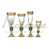 Set 12 People - 48 Pieces, 
For Each Person:
1 - Water Glass
1- Wine Glass 
1 - Flute
1- Spirit Glass - Tableware - Modenese Luxury Furniture & Lightings - antique flatware, baroque glassware, best glassware, bronze luxury set, champagne glass, classic baroque luxury decor for table, classic design glassware, classic italian tableware, classic luxury cutlery, classic luxury glassware, classic luxury kitchen decor, classic spirit glass, crystal goblet, crystallinity, exclusive champagne flute, exclusive desi