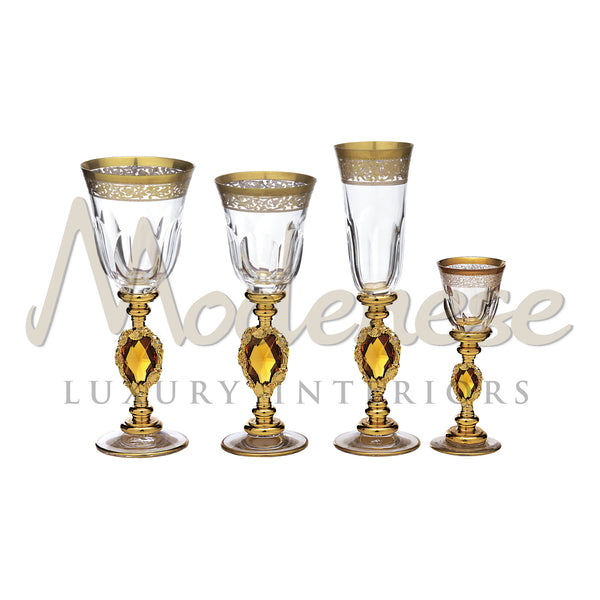 Set 24 People - 96 Pieces,
For Each Person:
1 - Water Glass
1- Wine Glass 
1 - Flute
1- Spirit Glass - Tableware - Modenese Luxury Furniture & Lightings - antique flatware, baroque glassware, best glassware, bronze luxury set, champagne glass, classic baroque luxury decor for table, classic design glassware, classic italian tableware, classic luxury cutlery, classic luxury glassware, classic luxury kitchen decor, classic spirit glass, crystal goblet, crystallinity, exclusive champagne flute, exclusive desig