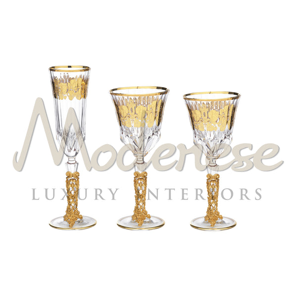 Set 24 People - 72 Pieces,
For Each Person:
1 - Water Glass
1 - Wine Glass
1- Flute - Tableware - Modenese Luxury Furniture & Lightings - antique flatware, baroque glassware, best glassware, bronze luxury set, champagne glass, classic baroque luxury decor for table, classic design glassware, classic italian tableware, classic luxury cutlery, classic luxury glassware, classic luxury kitchen decor, classic spirit glass, crystal goblet, crystallinity, exclusive champagne flute, exclusive design glassware, excl