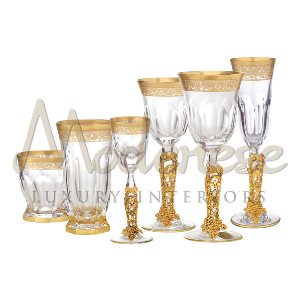 Set 12 People - 72 Pieces,
For Each Person: 
1 - Old Fashion Glass
1 - Soda Glass
1 - Spirit Glass
1 - Water Glass
1 - Wine Glass
1 - Flute - Tableware - Modenese Luxury Furniture & Lightings - antique flatware, baroque glassware, best glassware, bronze luxury set, champagne glass, classic baroque luxury decor for table, classic design glassware, classic italian tableware, classic luxury cutlery, classic luxury glassware, classic luxury kitchen decor, classic spirit glass, crystal goblet, crystallinity, exc