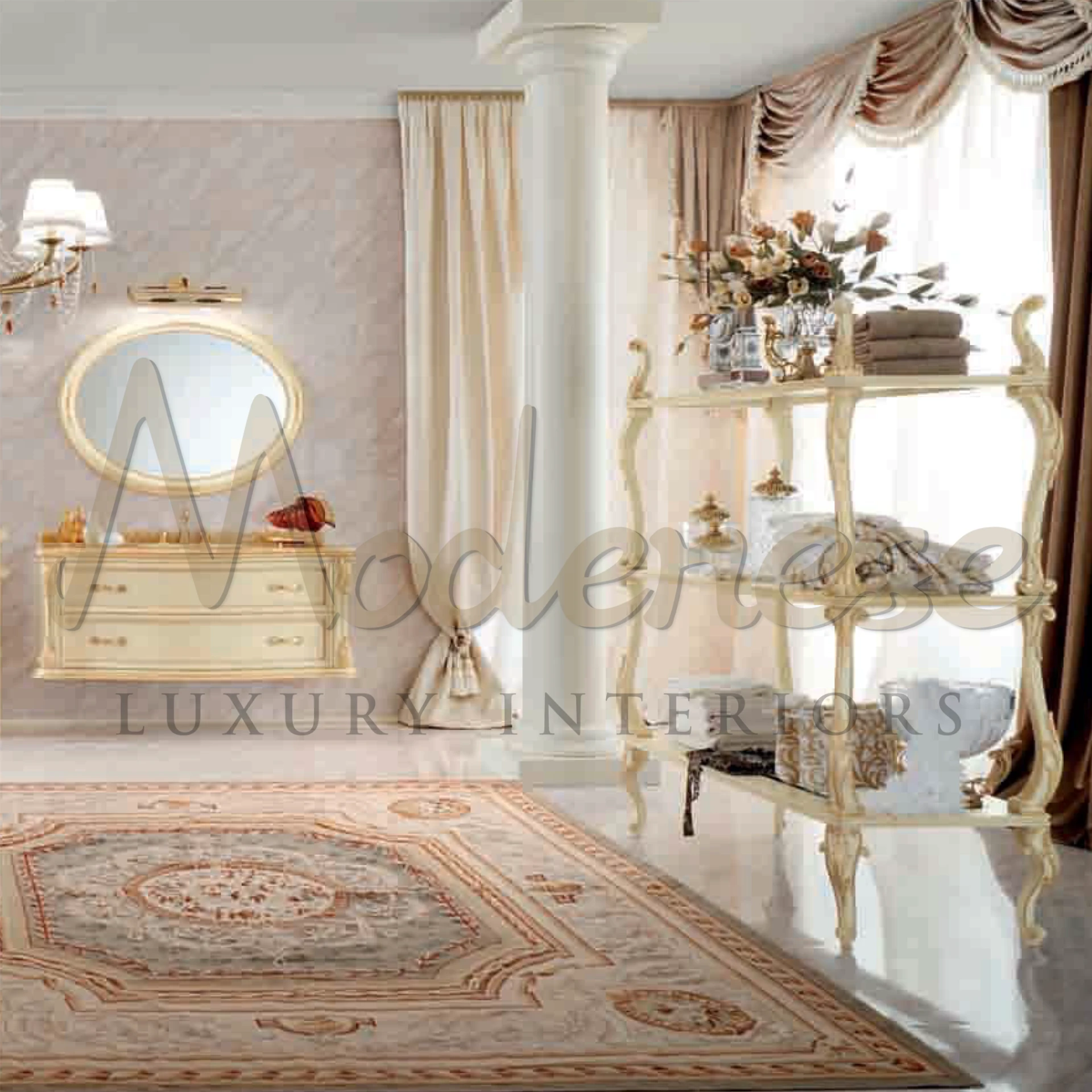Image of a luxury bathroom with a classical single sink cabinet, elegant etagere and vegetal silk handtufted carpet