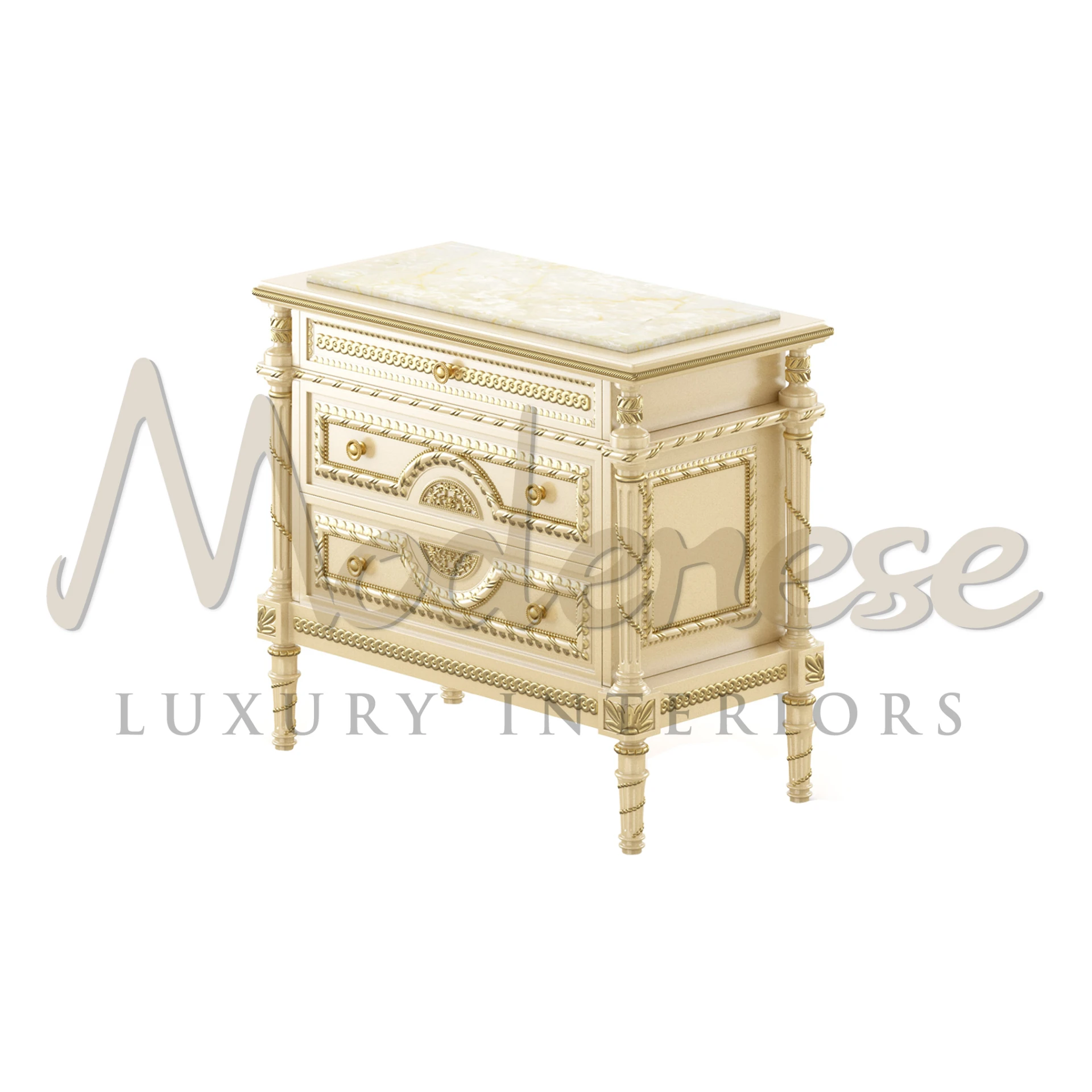 
An exquisite ivory-colored nightstand by Modenese Furniture Manufacturer, featuring a polished marble top, gold trim accents, and detailed ornamental carvings.