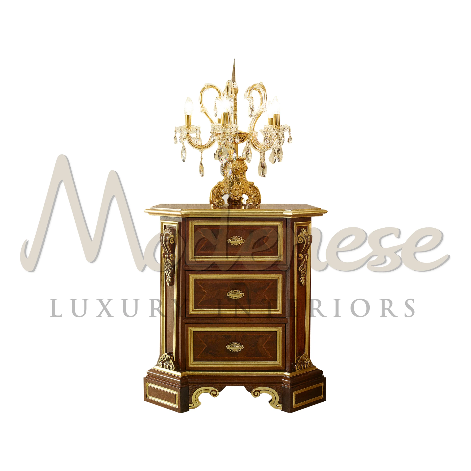 A classic solid wood nightstand by Modenese Furniture Manufacturer with intricate inlay work and brass handles, crowned with a decorative golden candelabra.