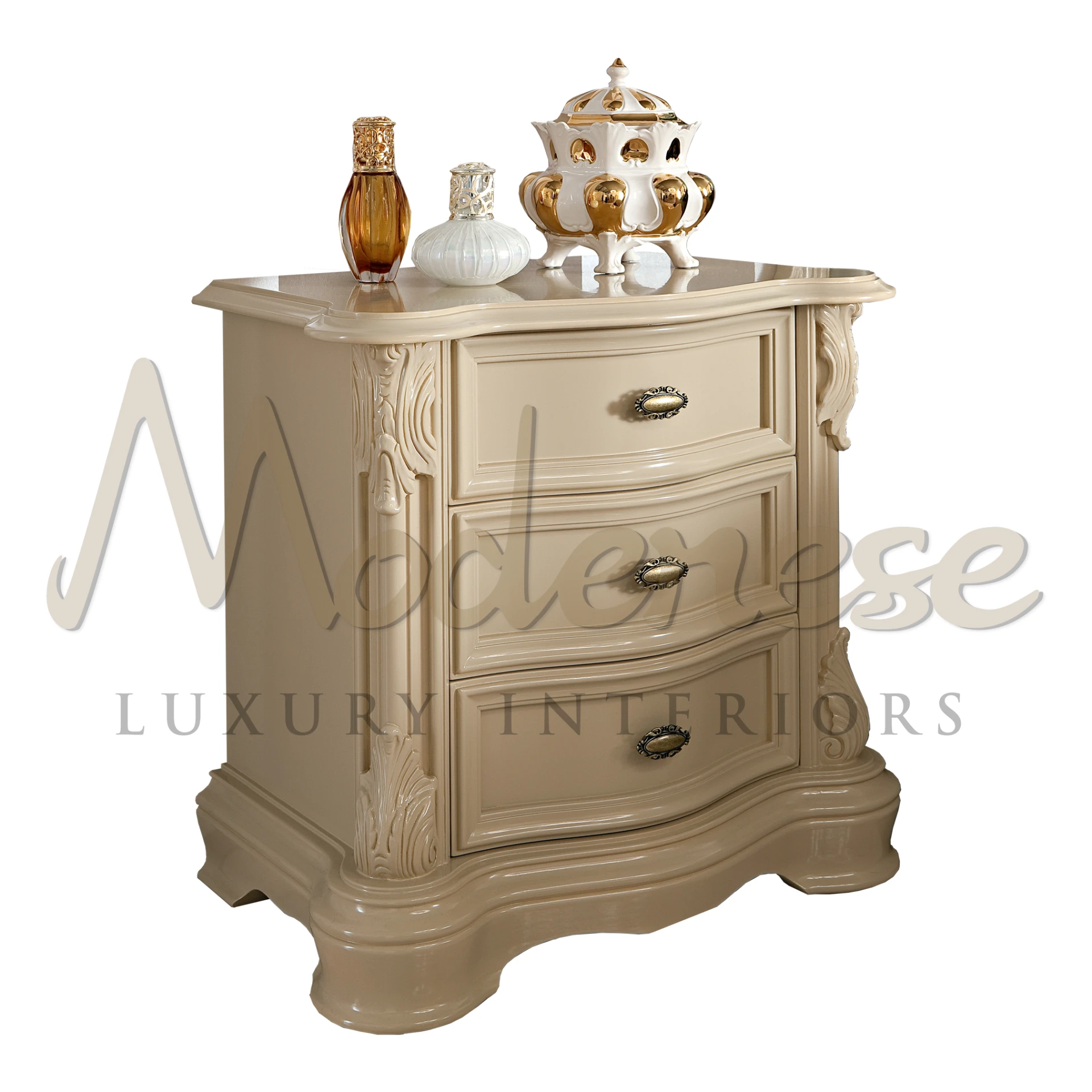 Elegant cream-colored chest of drawers with intricate carvings 