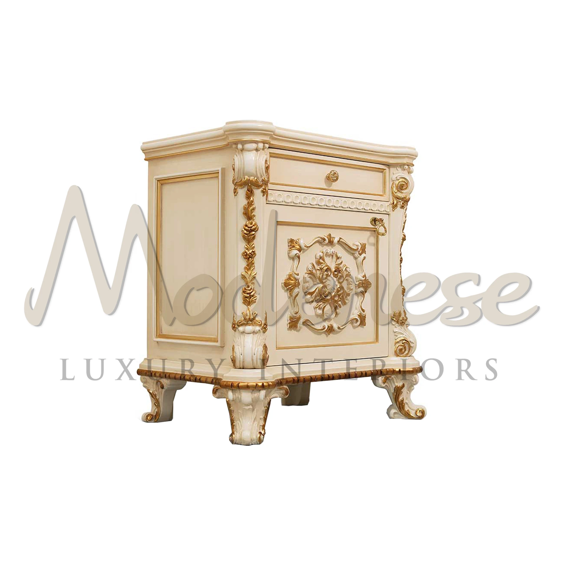 A luxurious cream nightstand with gold ornamental carvings and a detailed floral emblem from Modenese Furniture Manufacturer, showcasing opulent baroque style.