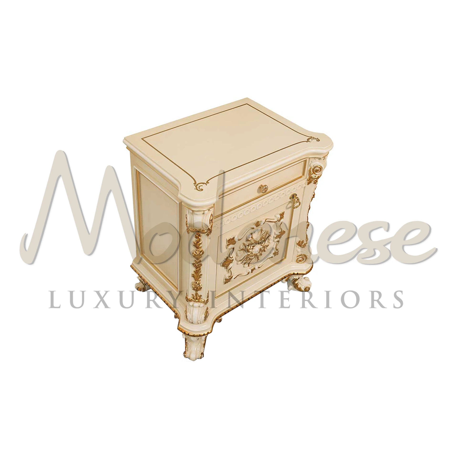 Elegant cream-colored nightstand with intricate gold detailing and sculpted legs, featuring a floral motif made by Modenese Furniture Manufacturer in Italy.