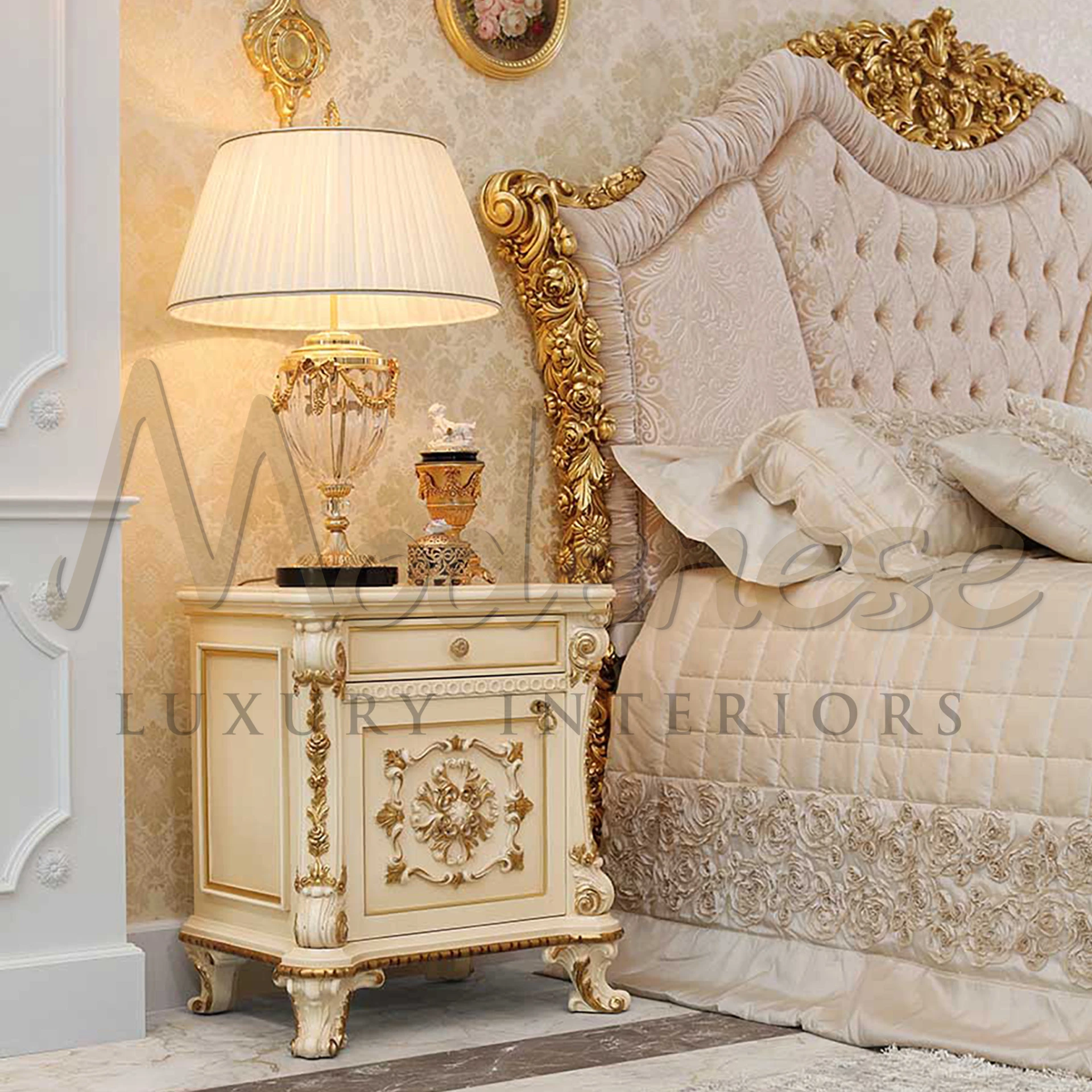 A baroque cream and gold nightstand with decorative carvings and a lamp, adjacent to an ornate tufted headboard handmade by Modenese Furniture Manufacturer.