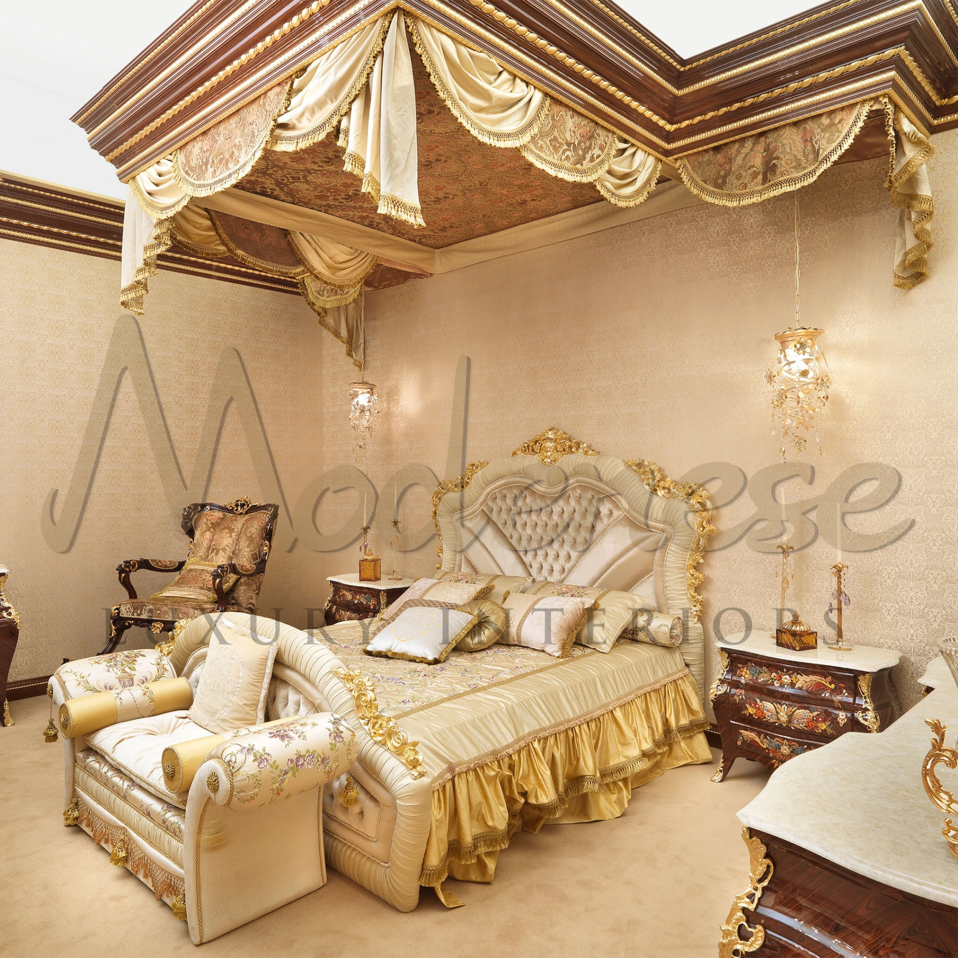 Opulent bedroom interior featuring a luxurious gold and cream bed with tufted headboard, elaborate drapery, matching ornate furniture, and crystal lighting.