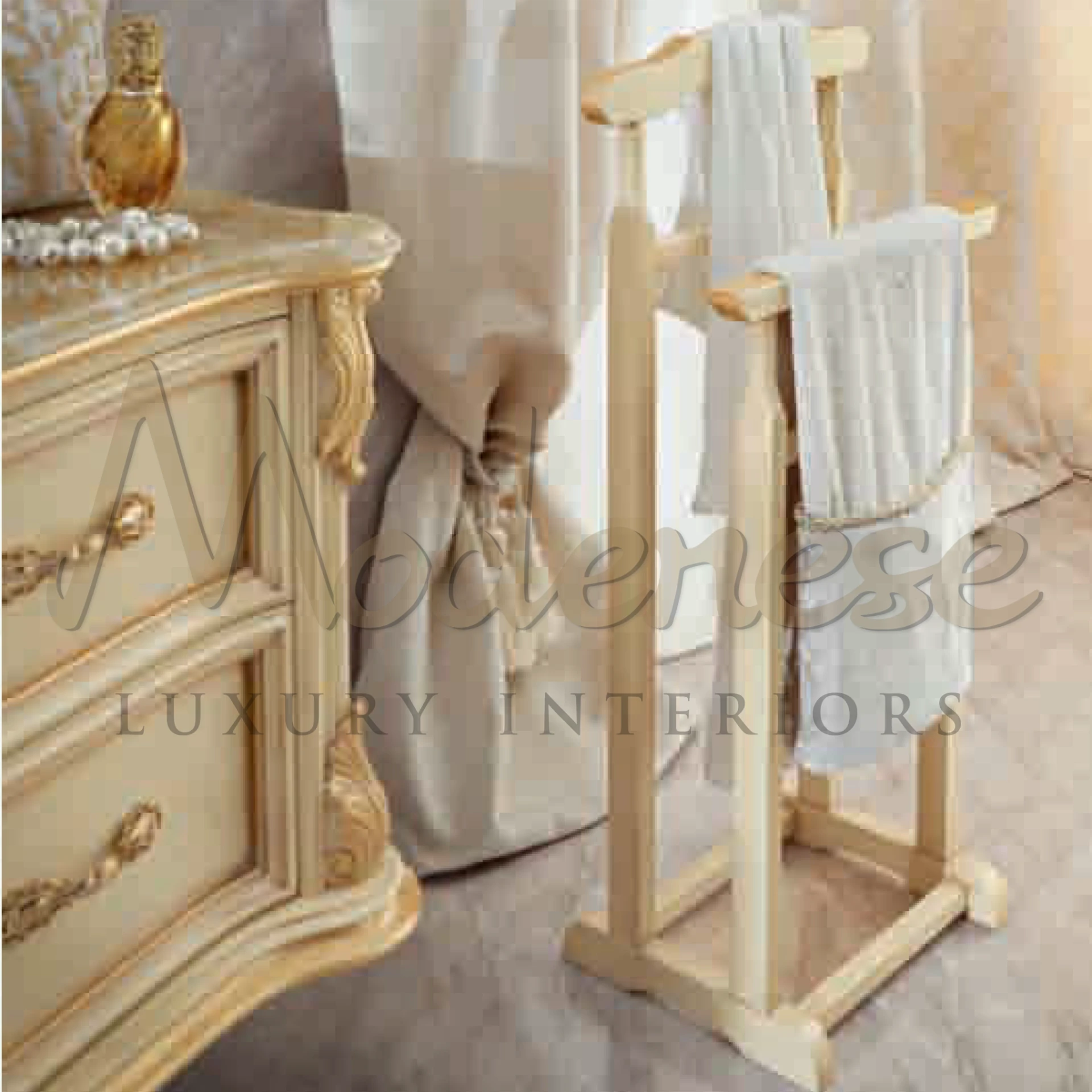 This images shows a valet stand in a classic design bathroom corner for hanging towels