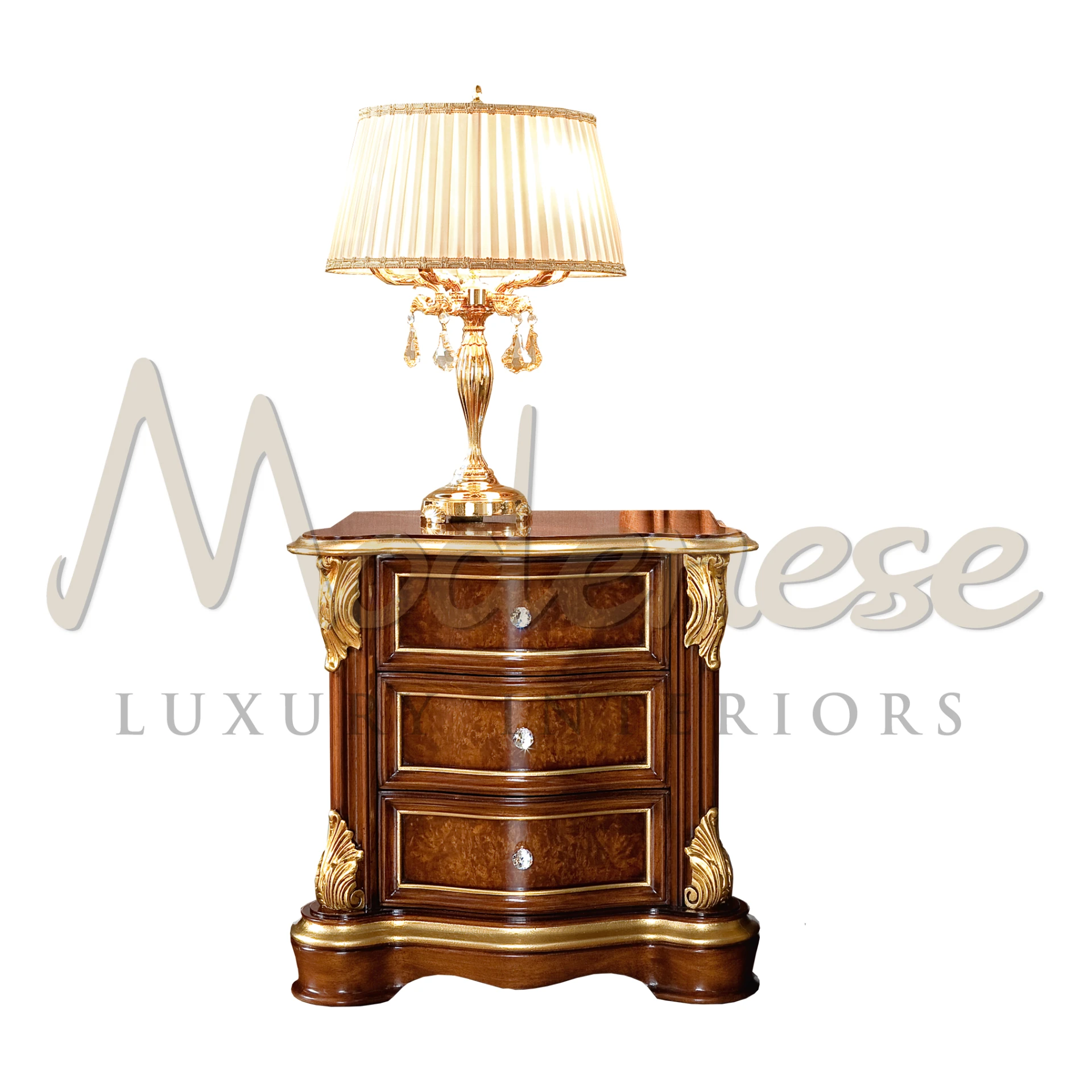 Traditional wooden nightstand with burl wood panels and ornate gold leaf accents, featuring a crystal table lamp with a pleated lampshade on top created for bedroom.