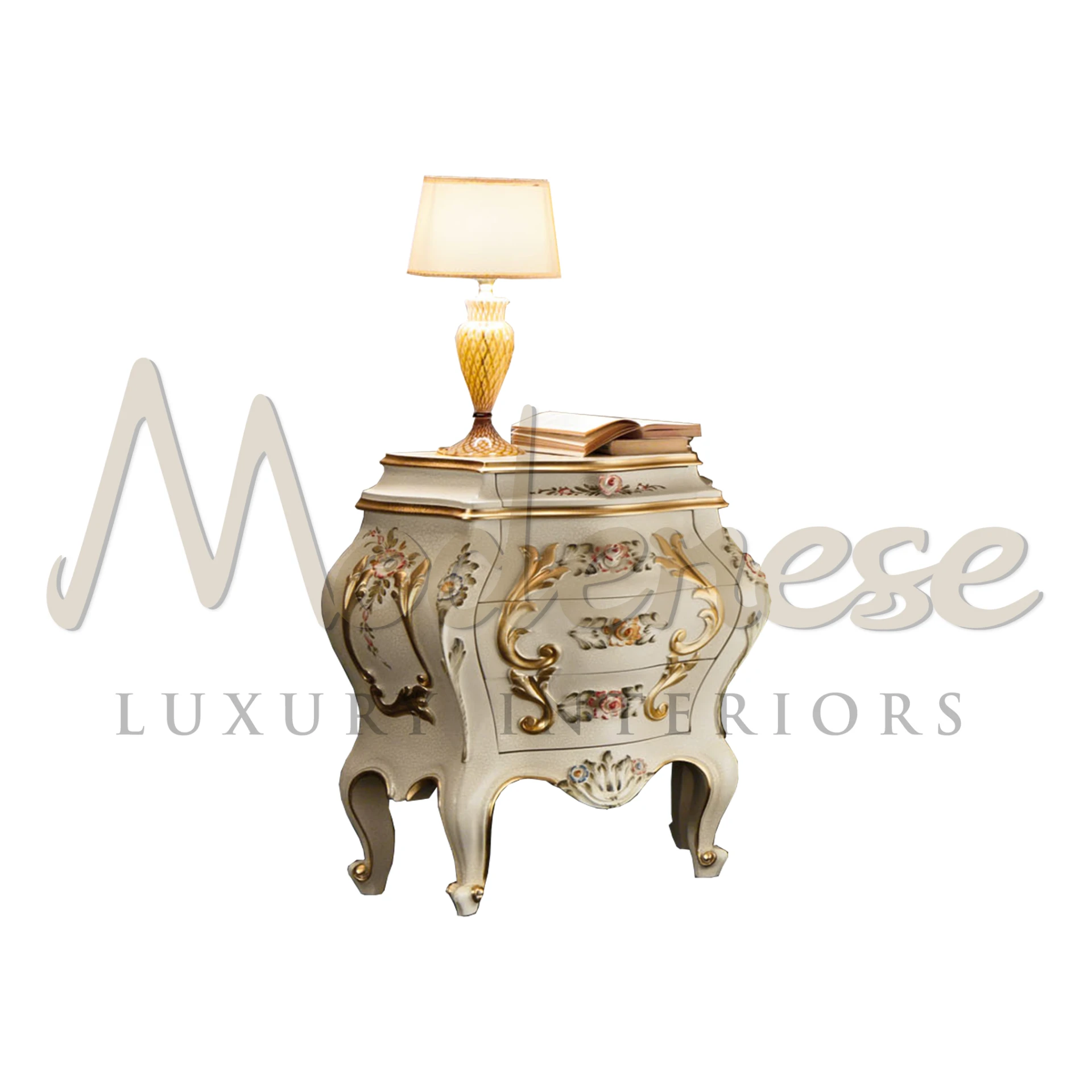 Ornate hand-painted nightstand with floral designs and gold trim, topped with a golden pineapple-shaped table lamp with a cream lampshade and a small stack of hardcover books.