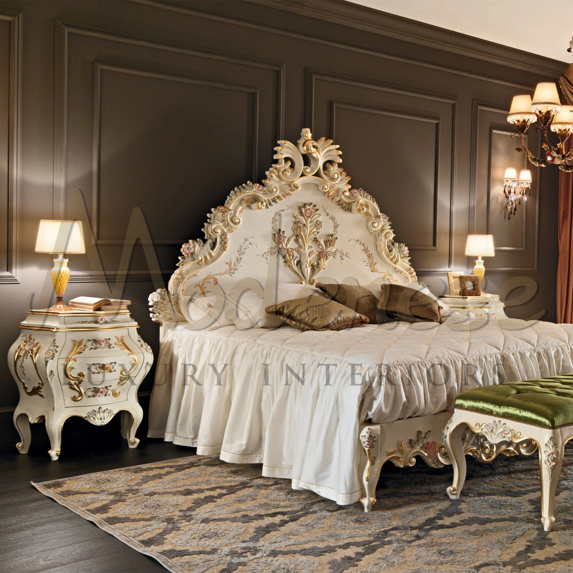 Luxury Bedroom Design With Noble Hand-Made Decor created by Italian artisans  Modenese Luxury Furniture Manufacturer in Italy used high quality materials and finishing.