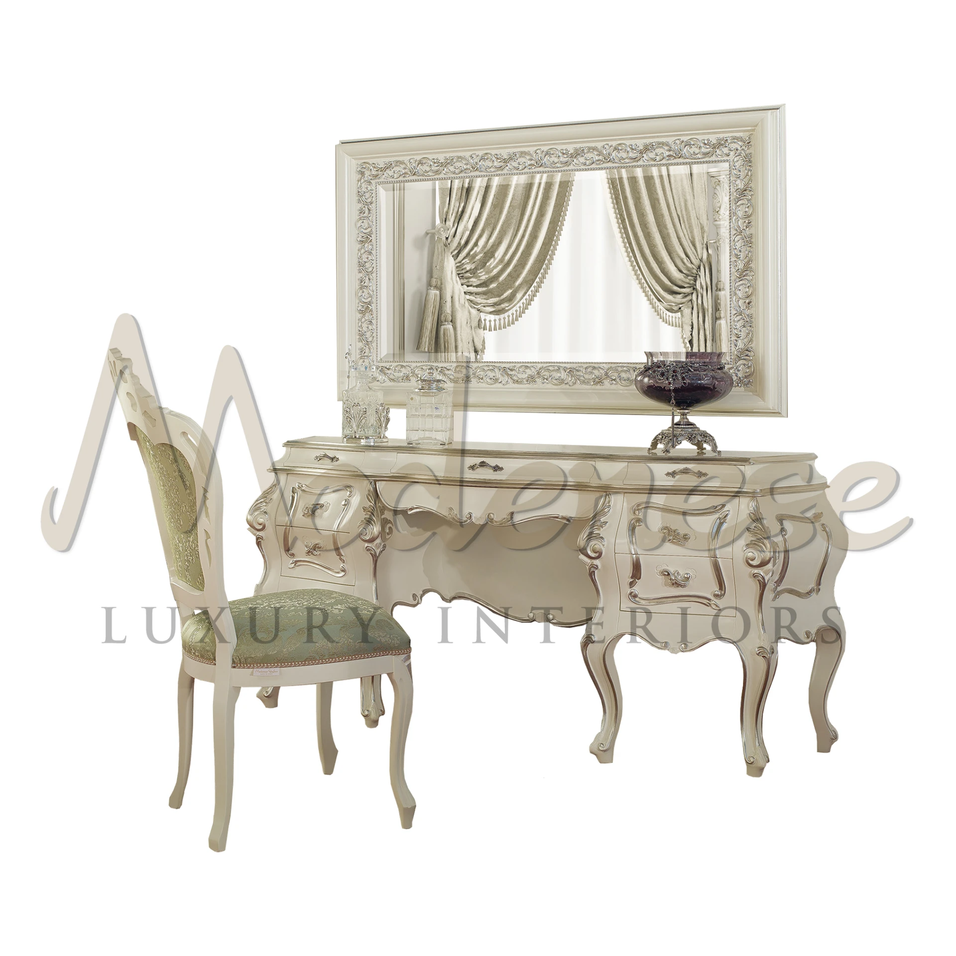 A sophisticated dressing table set by Modenese in cream, featuring an ornate mirror, a matching chair with fabric upholstery, and an elegant bowl on the table.