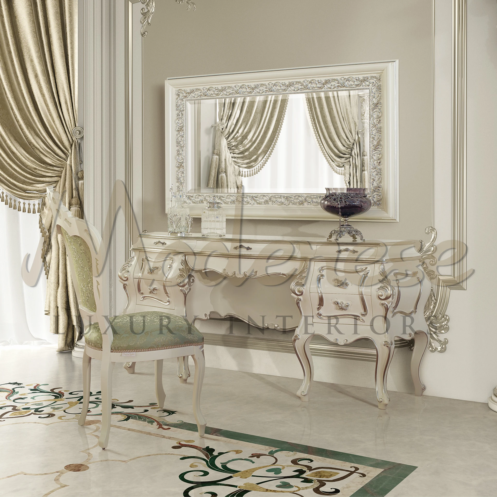 Classically designed makeup vanity set with a cream finish, featuring detailed carvings, a large framed mirror with draped curtains.
