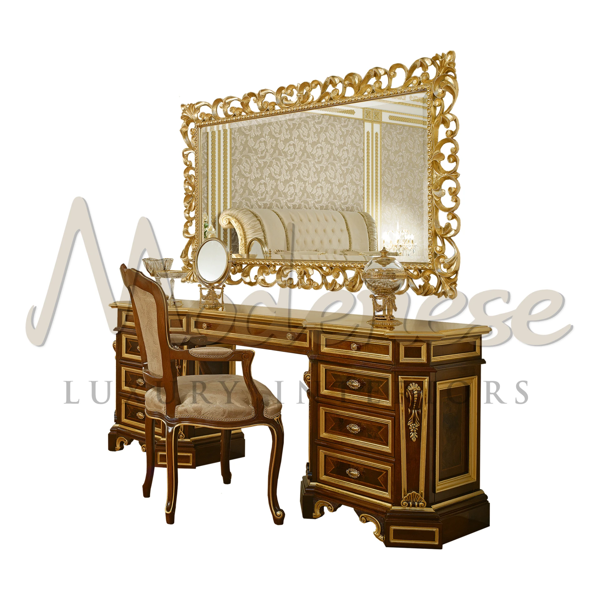 Regal dressing table with a rich golden finish, showcasing ornate carvings, a large embellished mirror, and a matching armchair with upholstered seat.