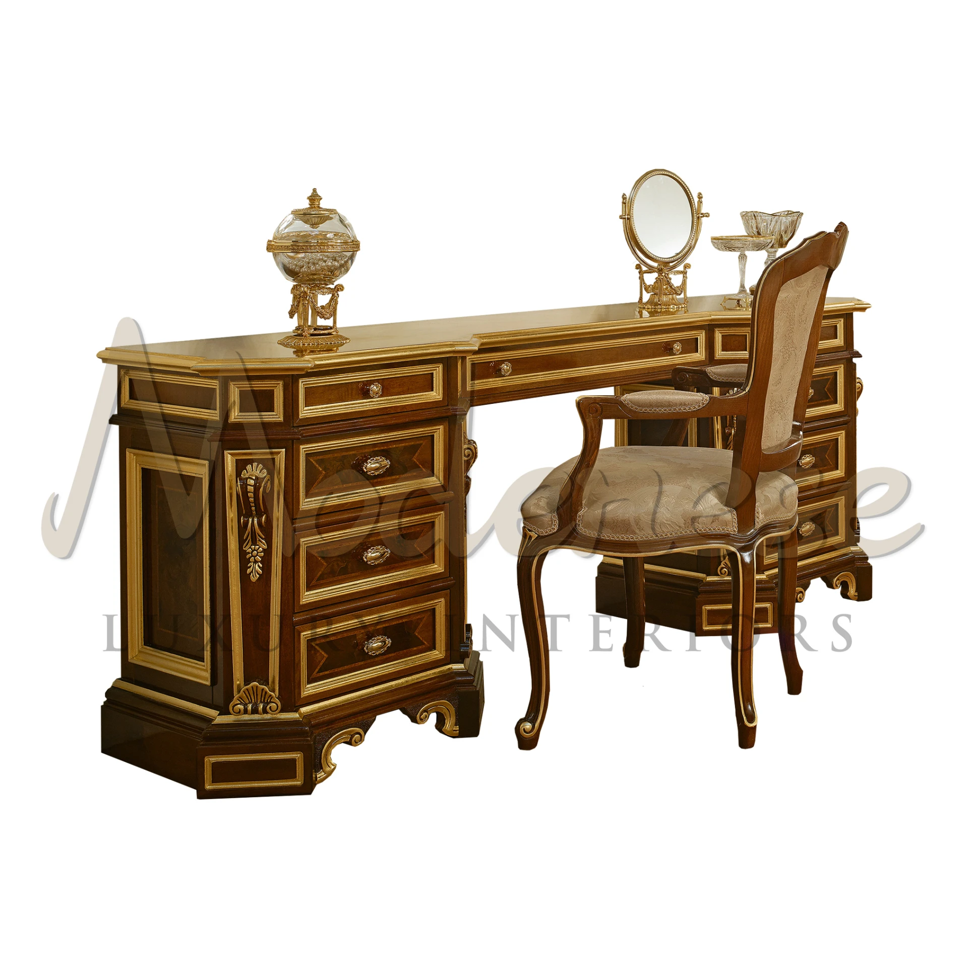 Elegant dressing table with a golden hue, detailed carvings, an opulent framed mirror, and a matching chair, embodying a classic, luxurious style.
