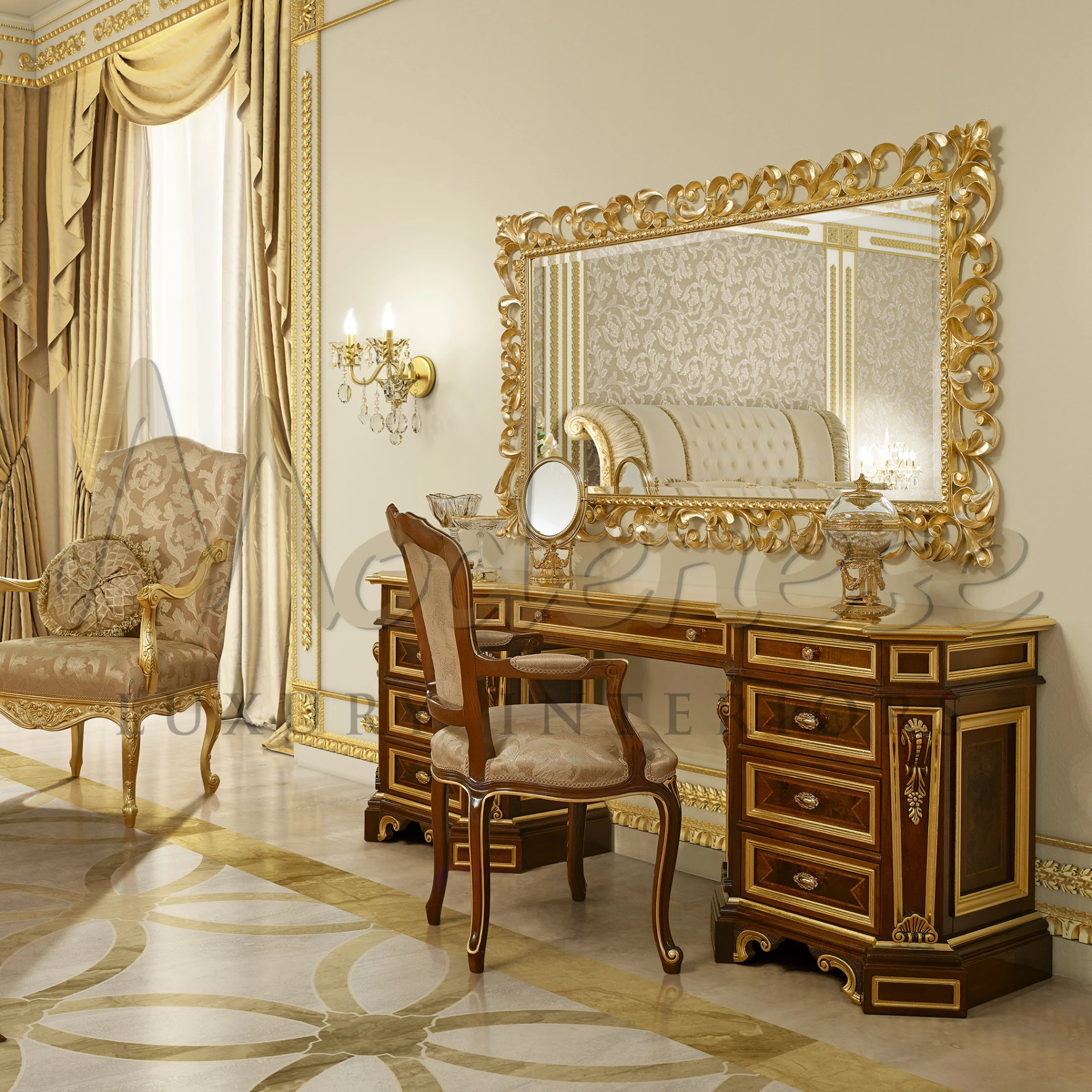 Detail of an elaborate dressing table with rich wood tones, golden accents, and a grand mirror by Modenese Furniture