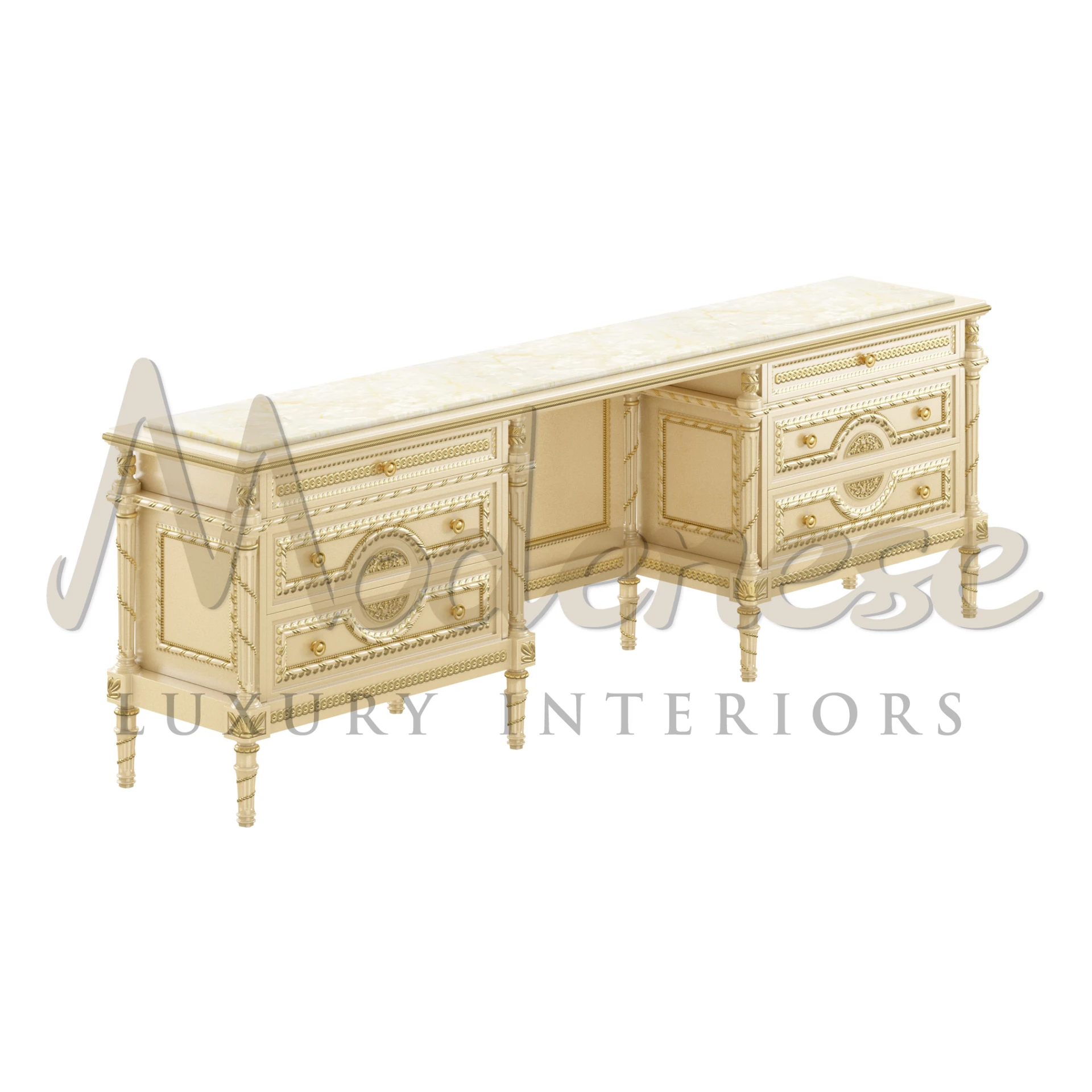 Elegant long dressing table with a luxurious onyx marble top, featuring a symmetrical six-drawer design in a creamy ivory finish. Each drawer is adorned with golden knobs and decorative inlays.