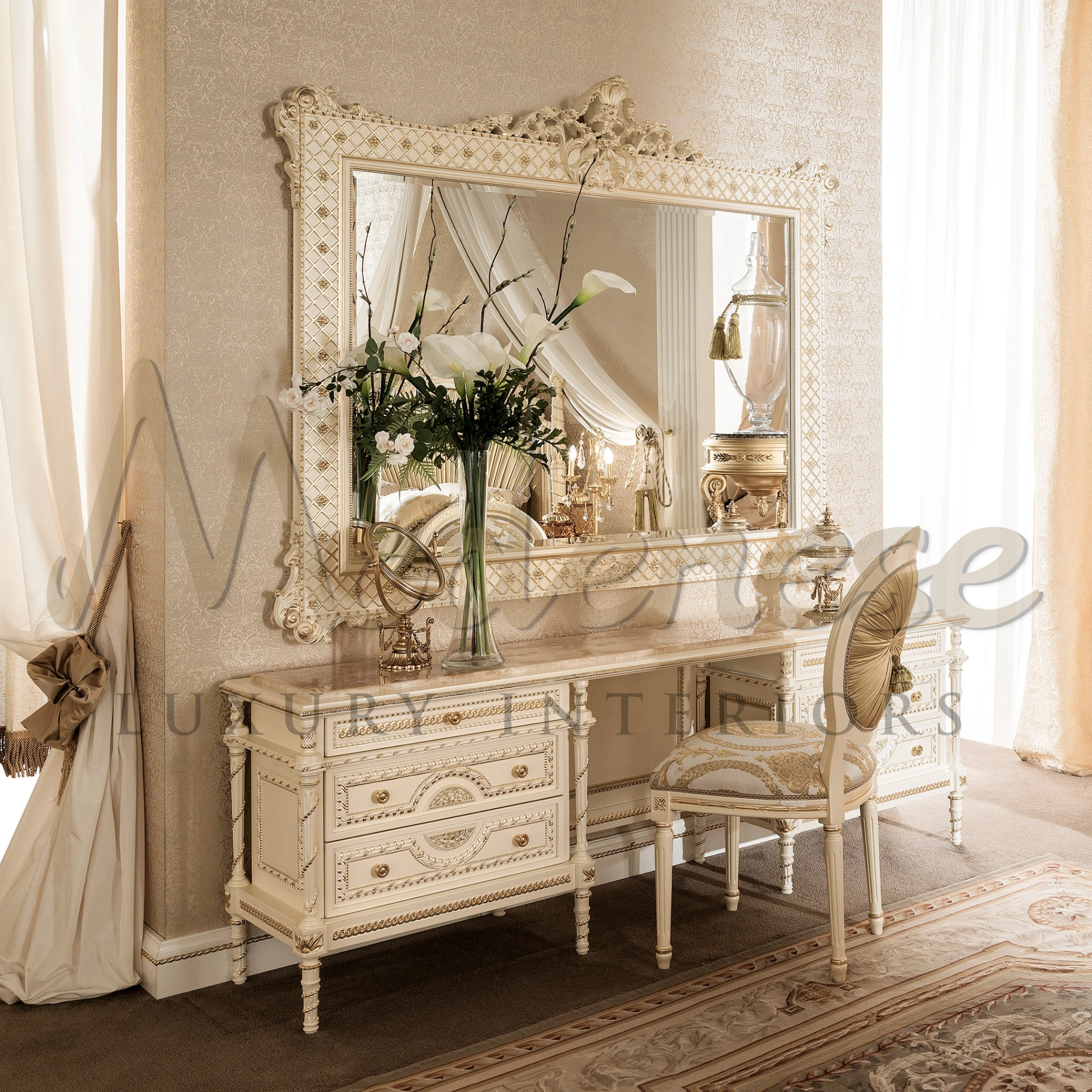 The fine details, including the patterned trim work around each drawer and the side panels, contribute to the table's grand and sophisticated appearance, making it a centerpiece.
