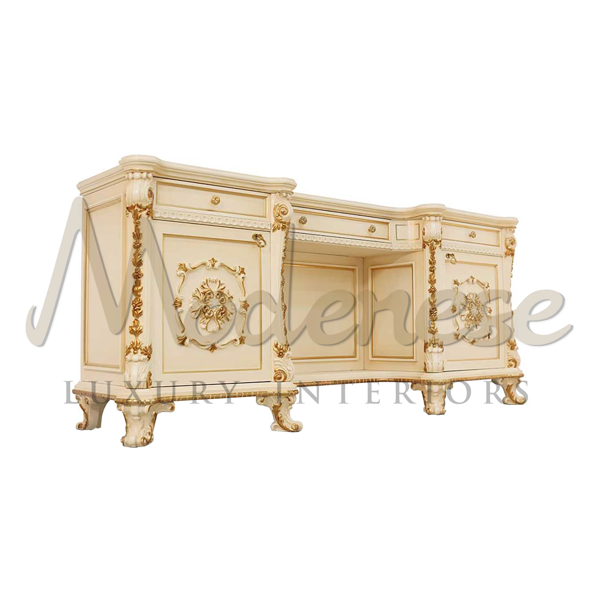 Ornate classical cream-colored dressing table with gold accents and carved details in a French antique style created by Modenese Furniture Manufacturer