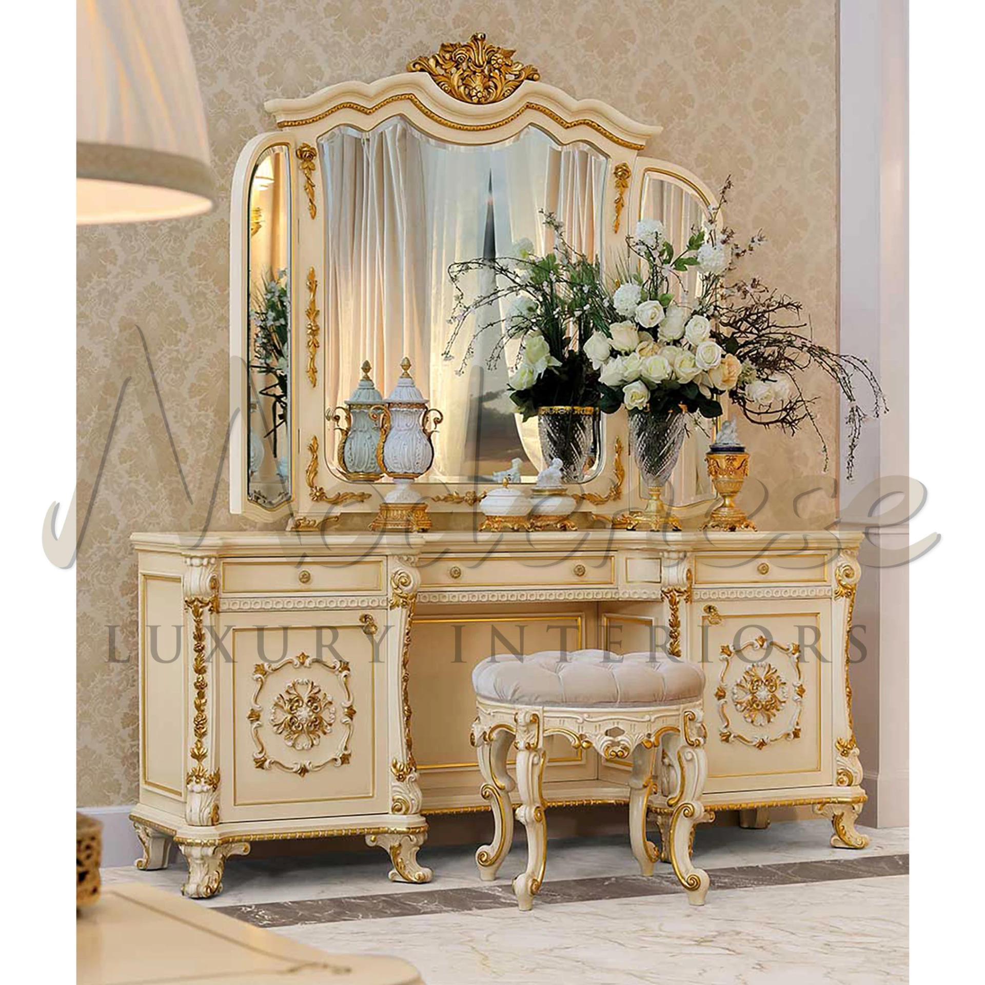 Cream-colored classsical French-style luxurious dressing table with gold ornamental accents and carved cabriole legs created by Italian artisans in Italy