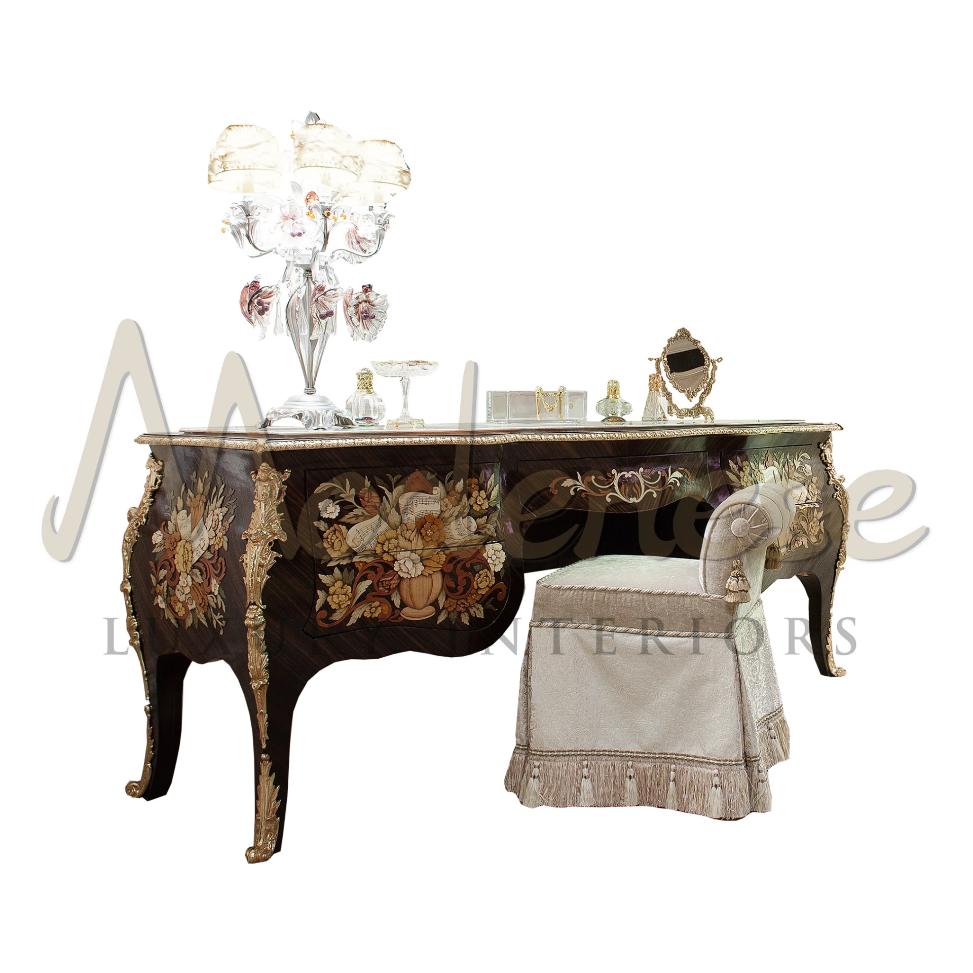 Ornate dark colored luxurious classical dressing table with carved details in a Baroque antique style created by Modenese Furniture Manufacturer in Italy