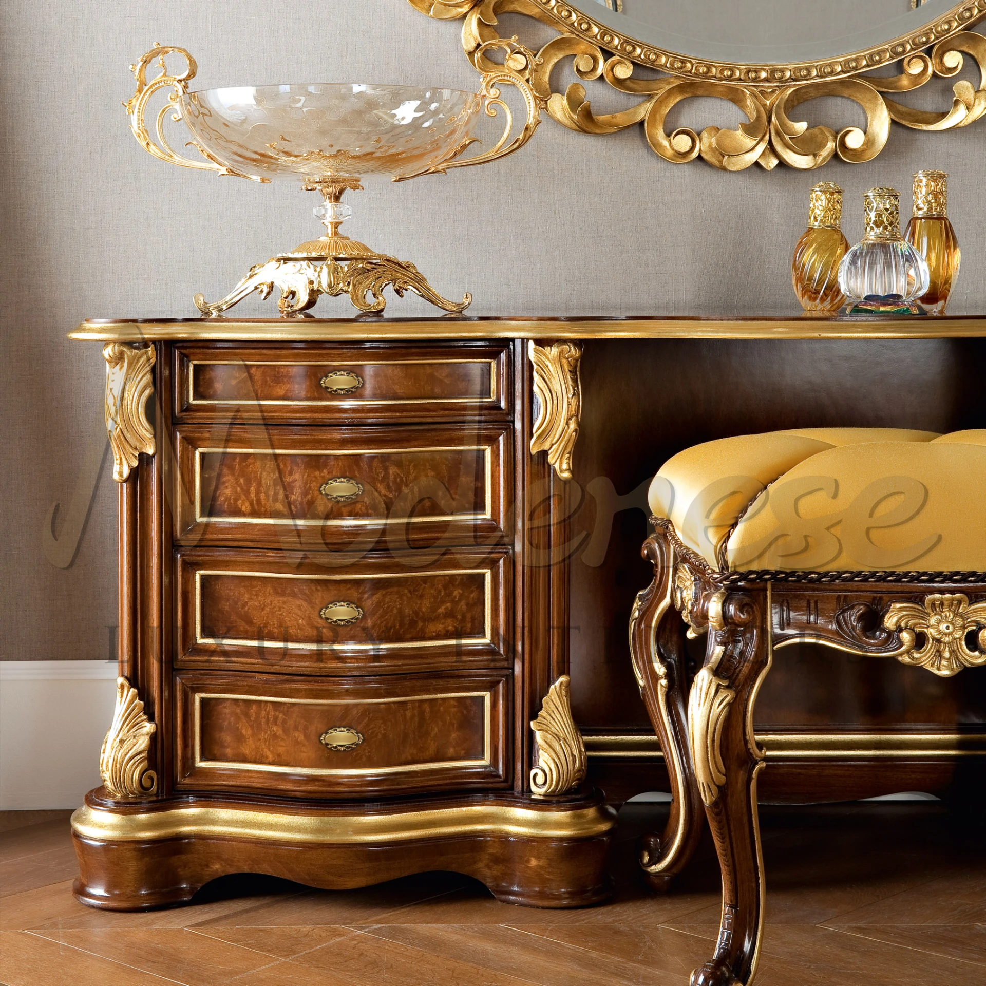 A close-up of an intricately designed chest of drawers with decorative elements.