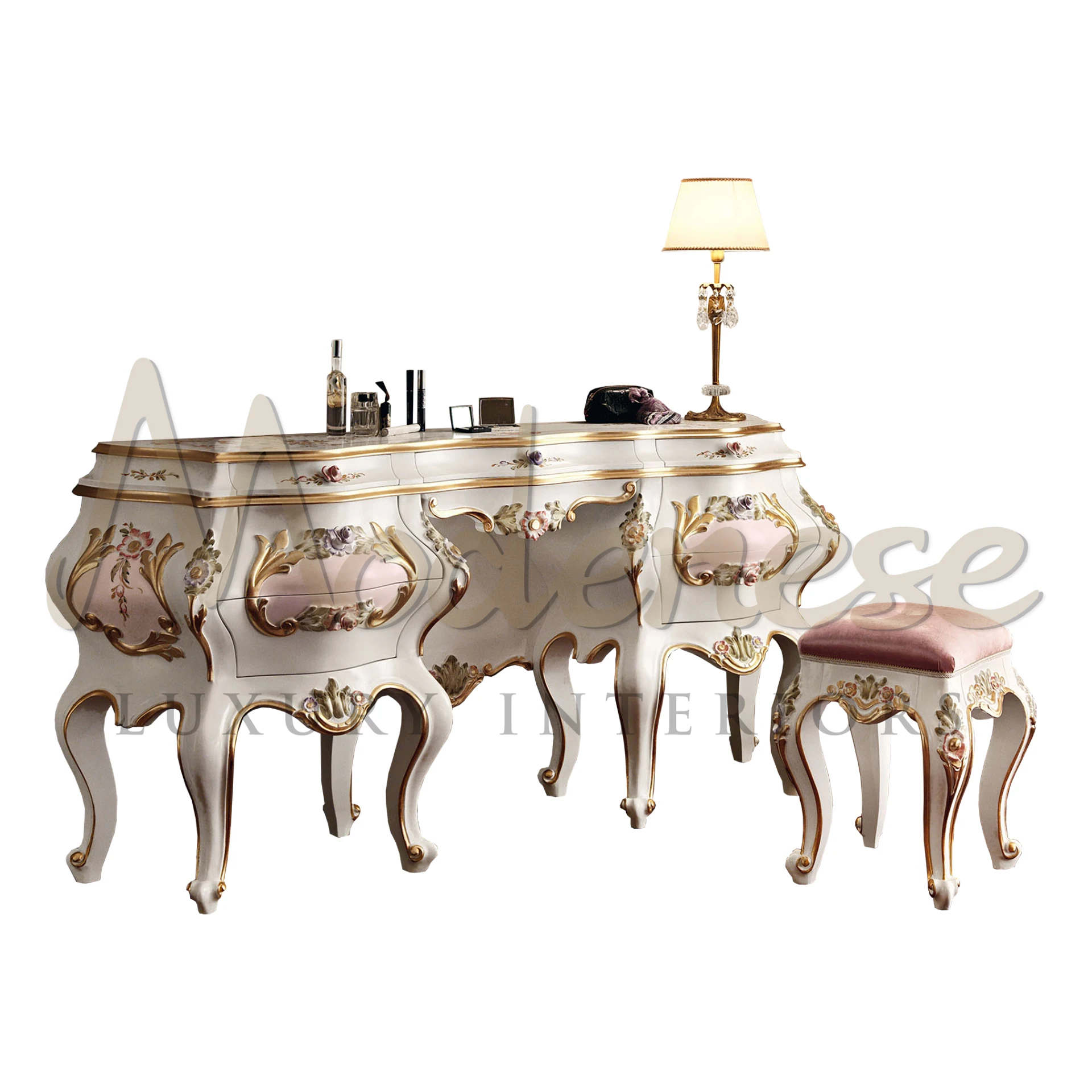 Vintage-inspired cream dressing table with hand-painted floral designs and gold accents, complete with a matching upholstered stool and a traditional lamp atop the table.