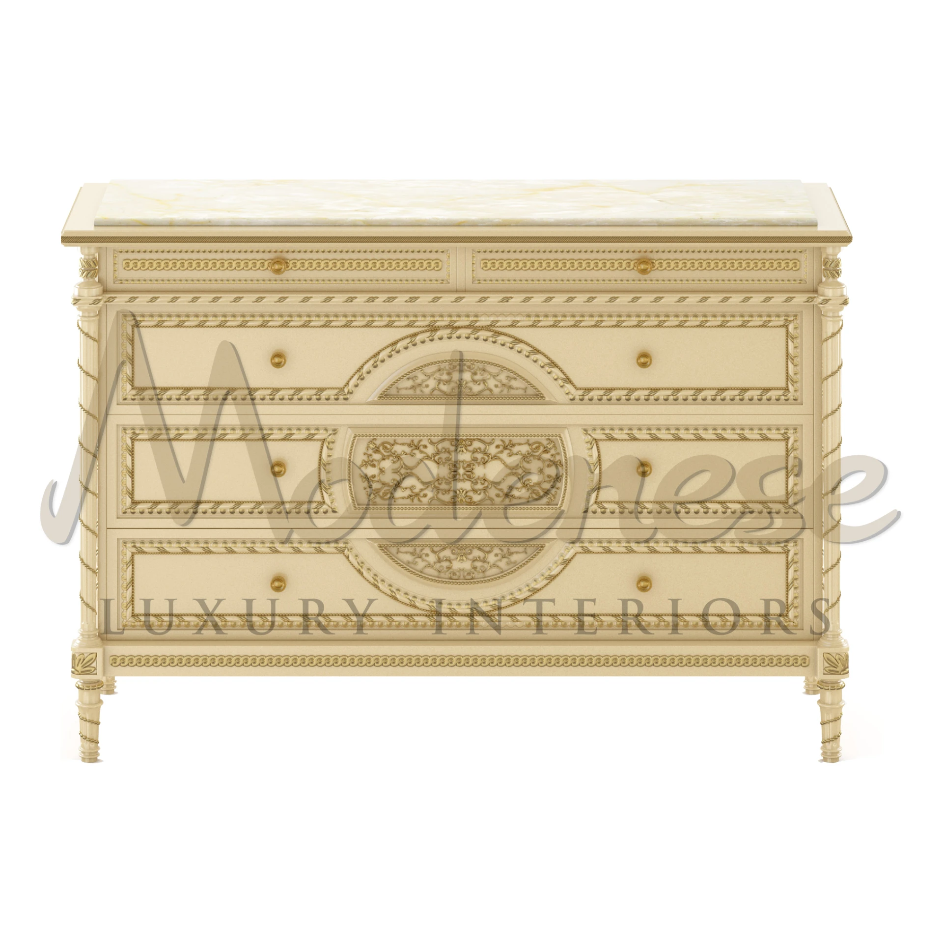 Ivory-colored classical  wooden chest with elaborate carvings and a smooth marble top surface by Modenese Luxury Interiors Manufacturer