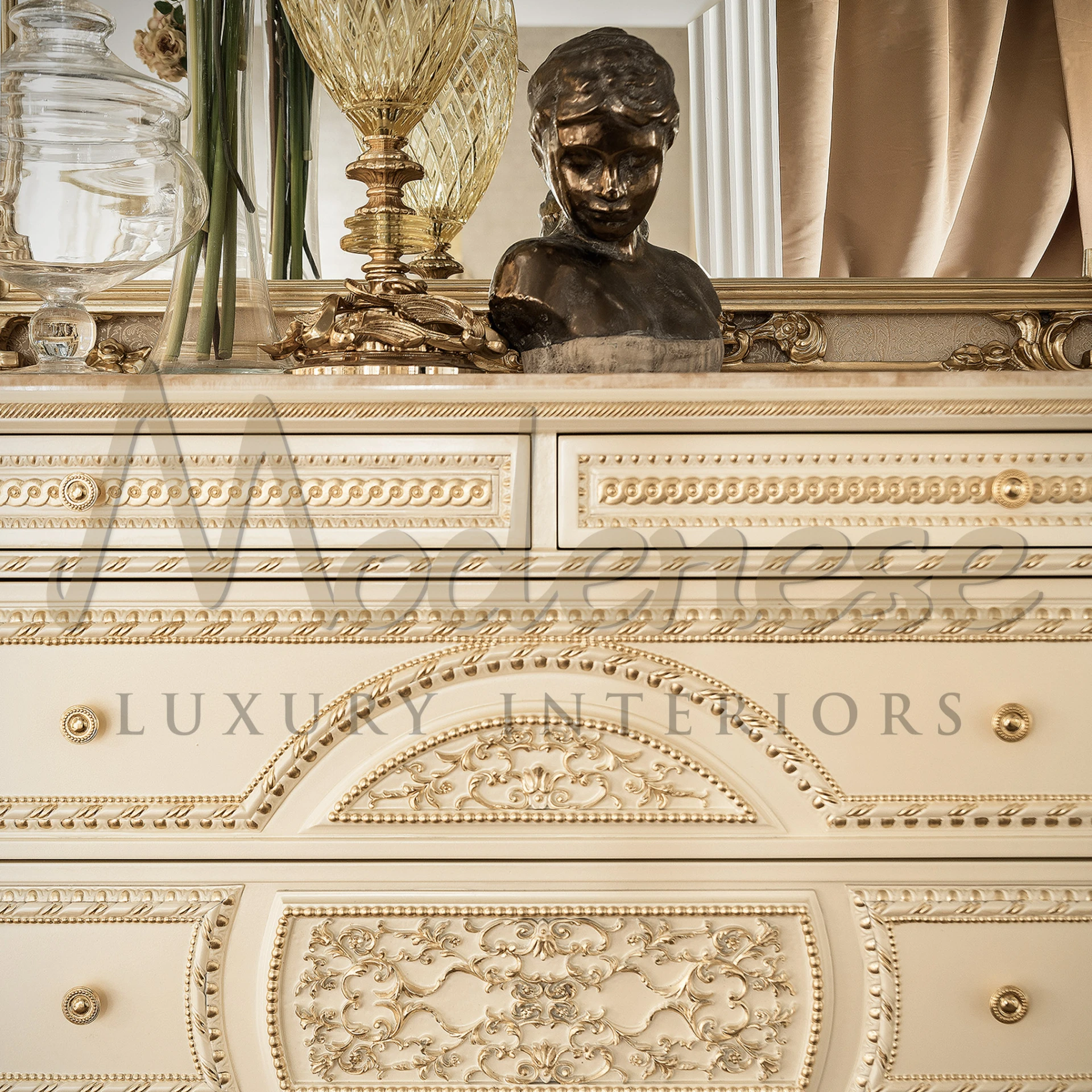 Vintage-style classical luxurious carved chest in ivory with a marble countertop and antique appeal made in Italy by Modenese Luxury Interiors Manufacturer