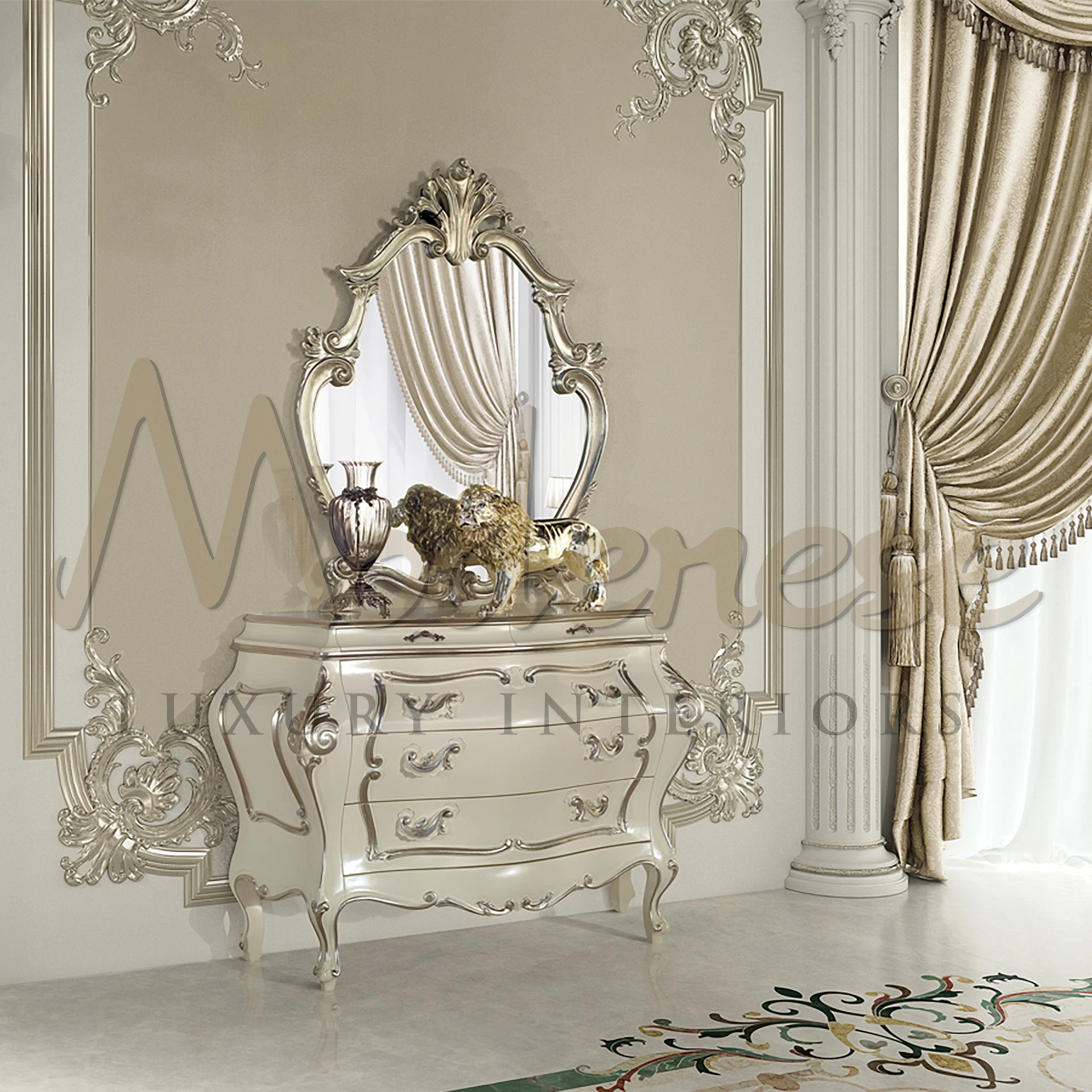 Glamorous silver commode with elegant curves and intricate carvings, topped with an artistic vase and metallic lion statue by Modenese Luxury Interiors