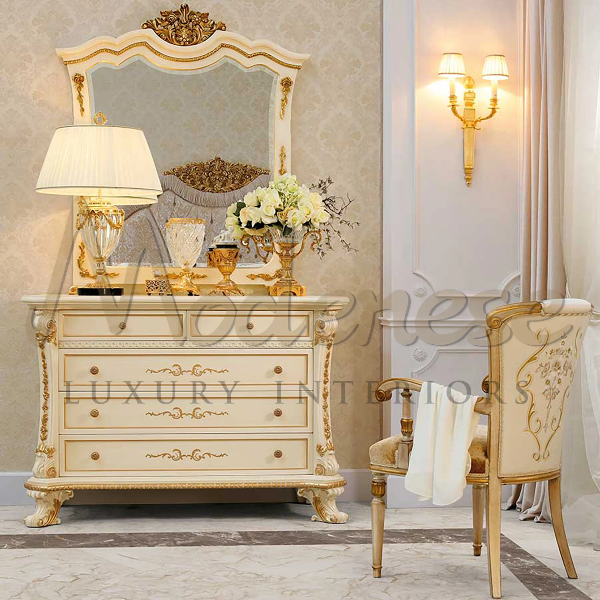 Classic cream and gold chest of drawers, showcasing a rich design with a tabletop adorned with a stylish lamp and elegant floral decor.
