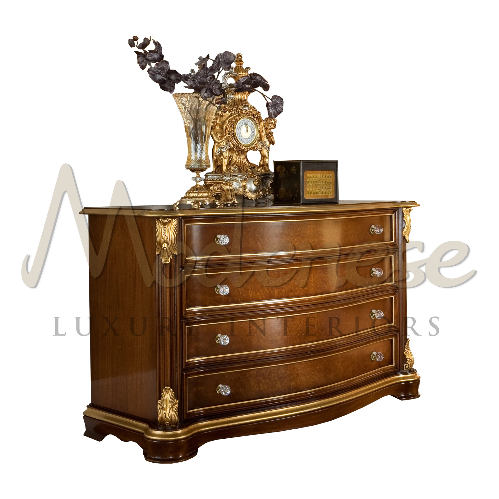 Ornate Baroque wooden chest of drawers with gold accents and crystal knobs by Modenese                                                                   